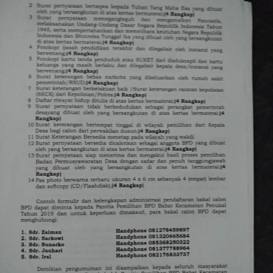 Pengumuman Jadwal dan Tahapan serta Pendaftaran Bakal Calon BPD Desa Babat Kecamatan Penukal 